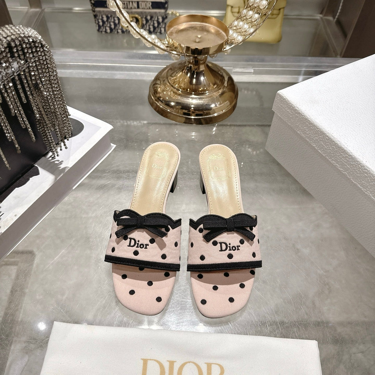 CD Dway Sandal 3.5cm PolkaDior Light Pink Motif Cotton Leather 951357