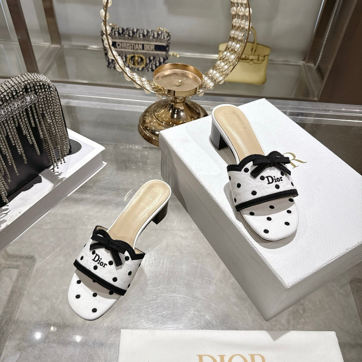 CD Dway Sandal 3.5cm PolkaDior White Motif Cotton Leather 951358