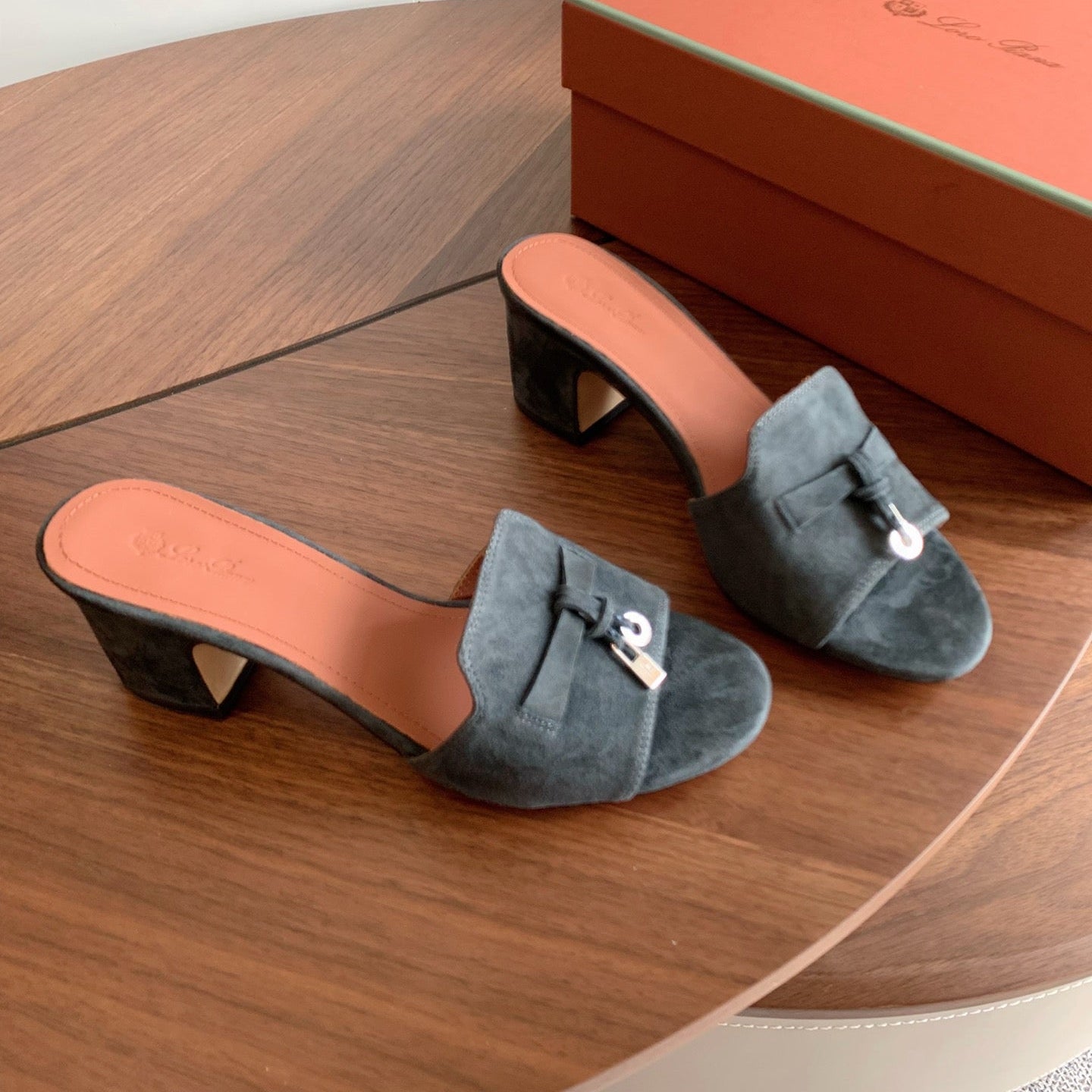 LP 26s Summer Mule Heels 60mm In Dark Grey Suede Gold Hardware