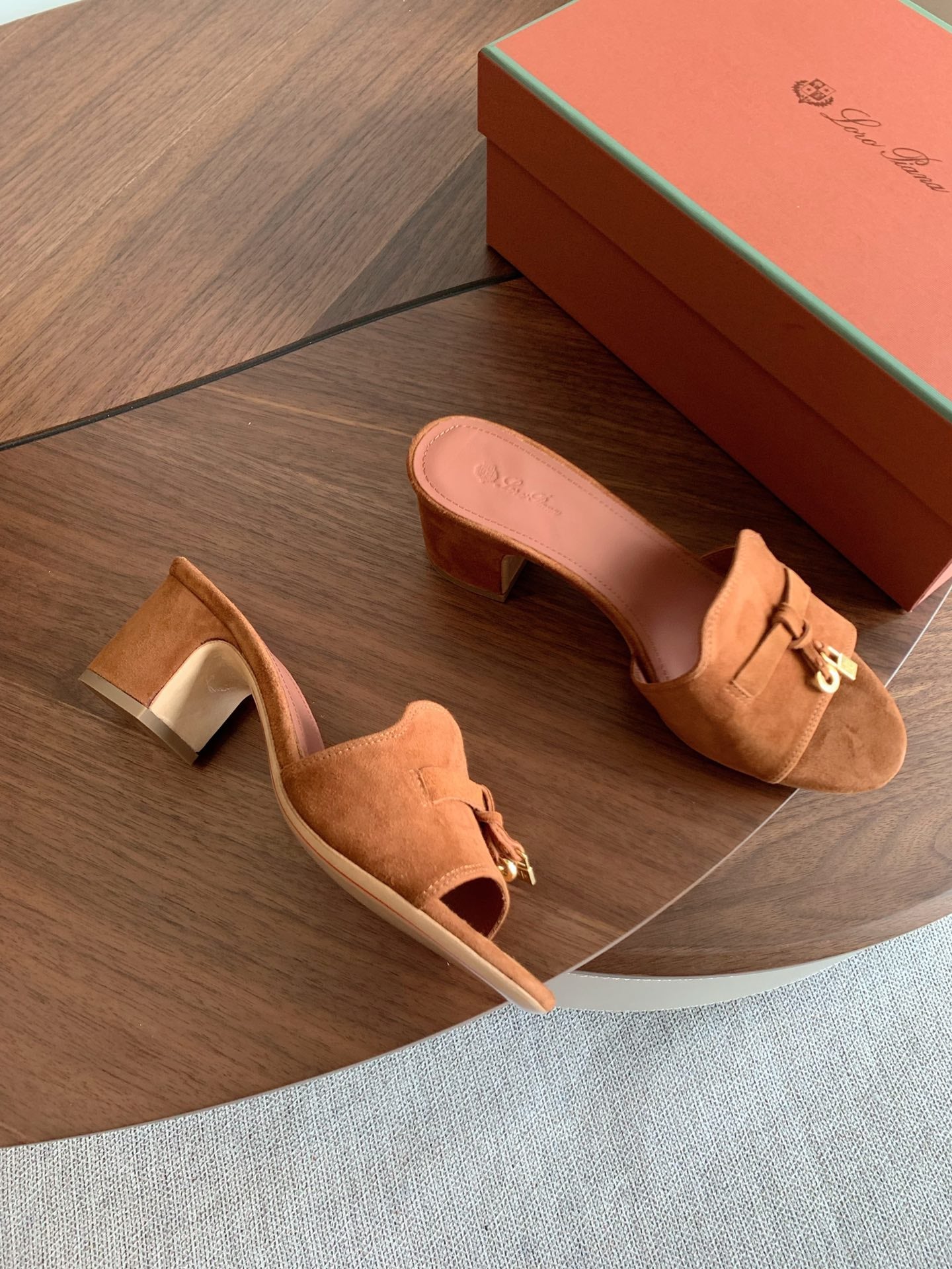LP 26s Summer Mule Heels 60mm In Caramel Brown Suede Gold Hardware