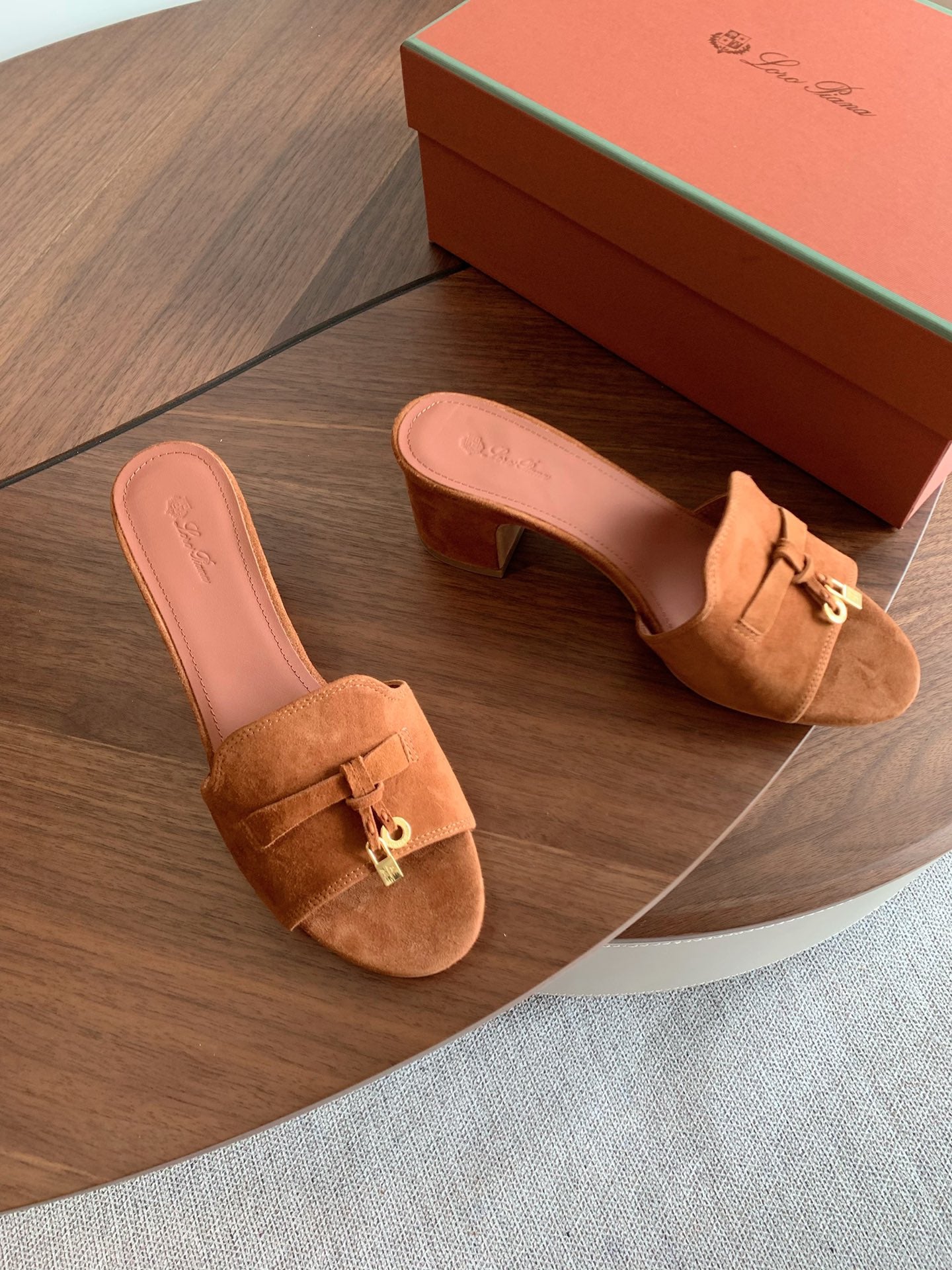 LP 26s Summer Mule Heels 60mm In Caramel Brown Suede Gold Hardware