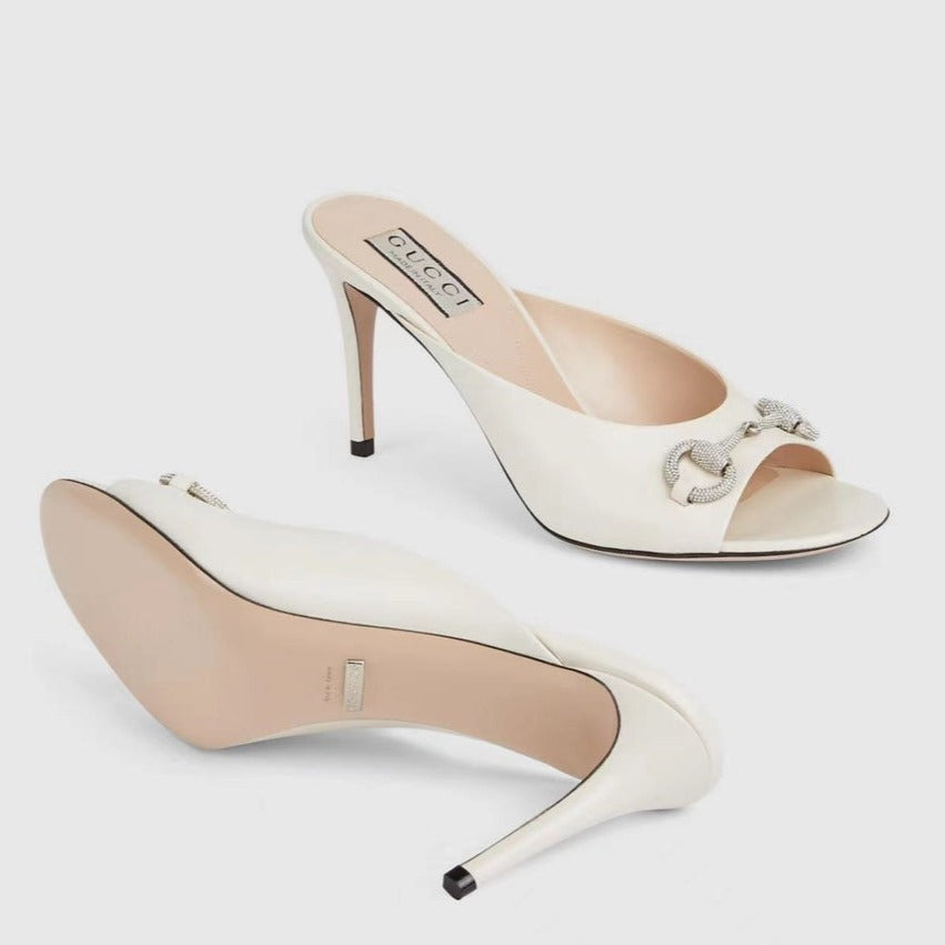 GG Women's Horsebit mid-heel slide sandal in White