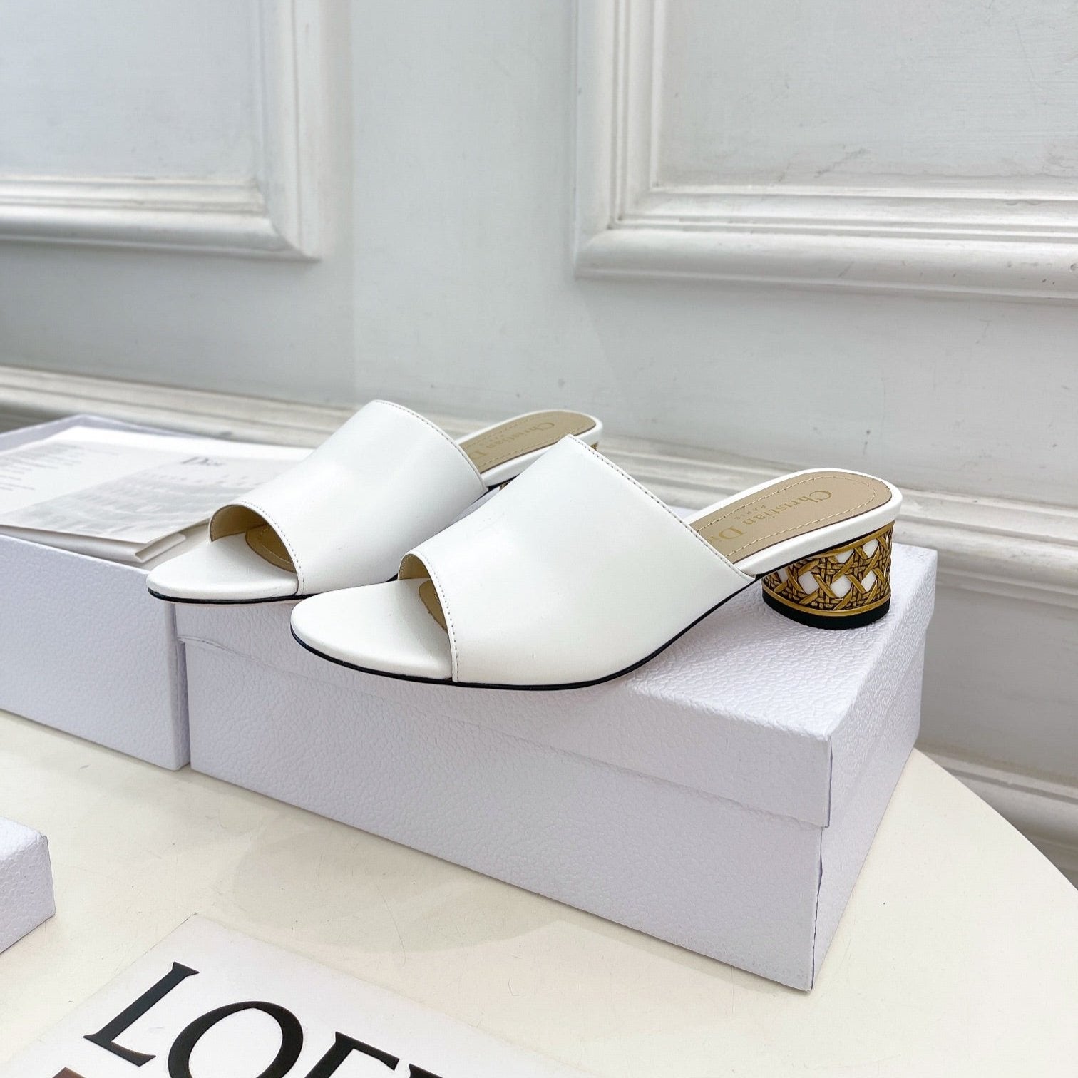 CD Icon Heeled Slide 40mm White Calfskin