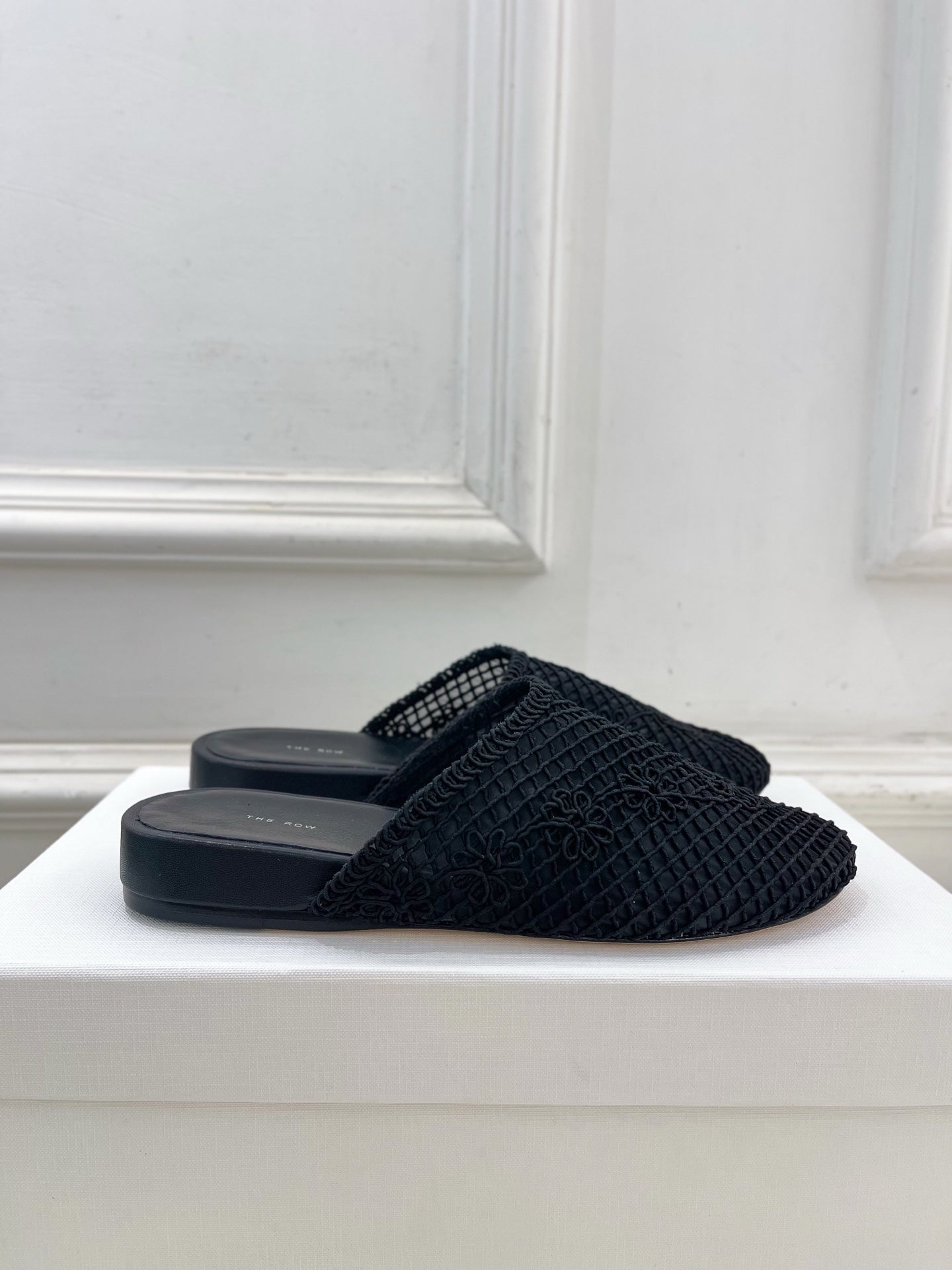 The Row Slide Mules Black Mesh And Sheepskin 325555
