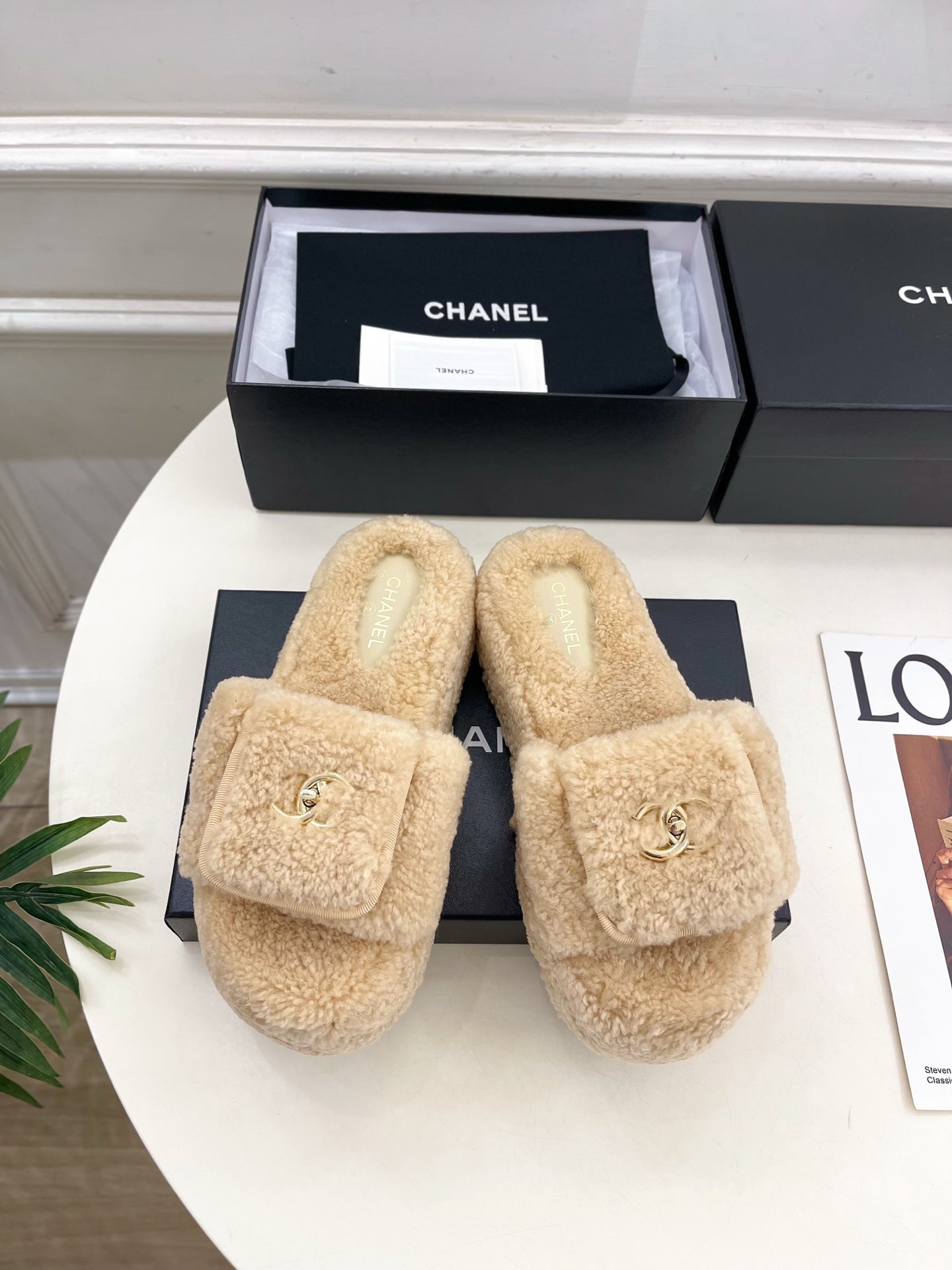 CC 25s Logo Slippers 50mm Beige Wool GHW 435264