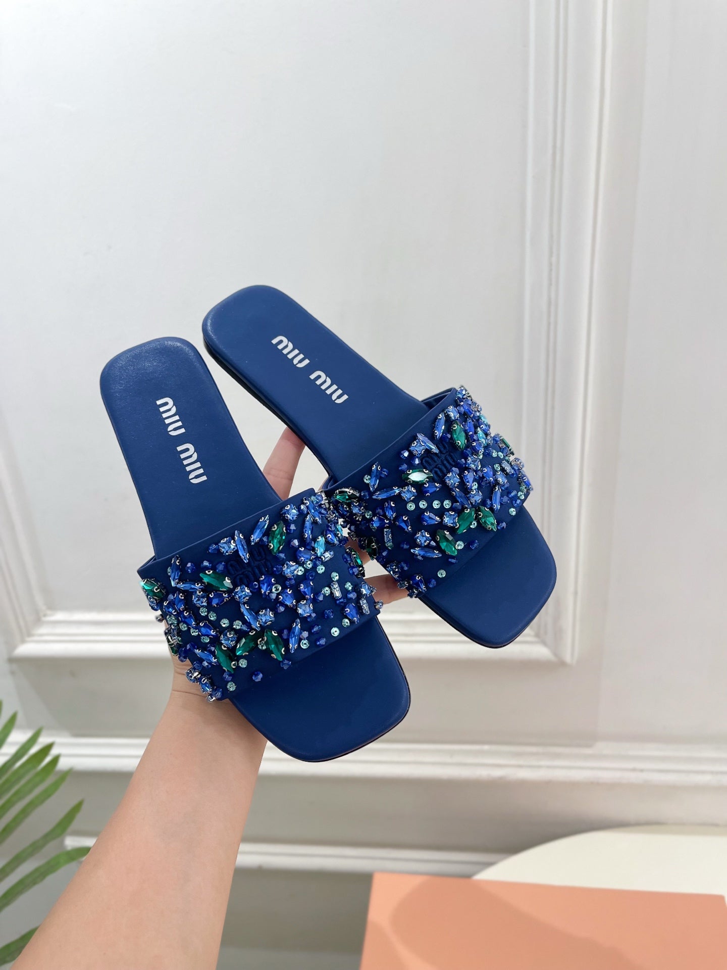 Miu 26s Rhinestone Flat Sandals Dark Blue Sheepskin Silk 891872