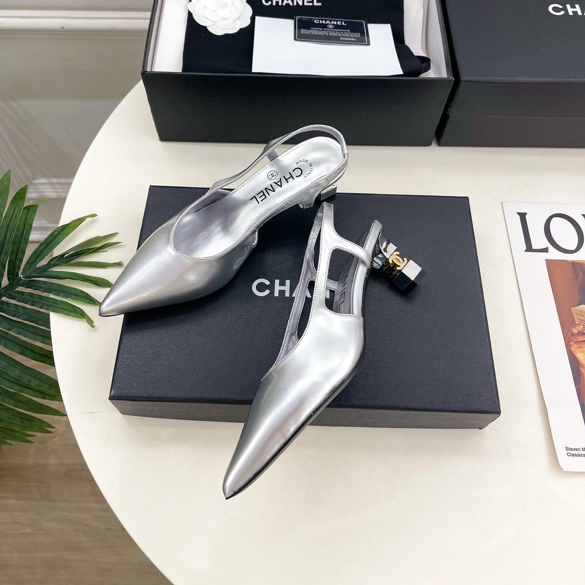 Chanel 26s Pointed Toe High Heels 55 Mm In Metallic Silver Lambskin