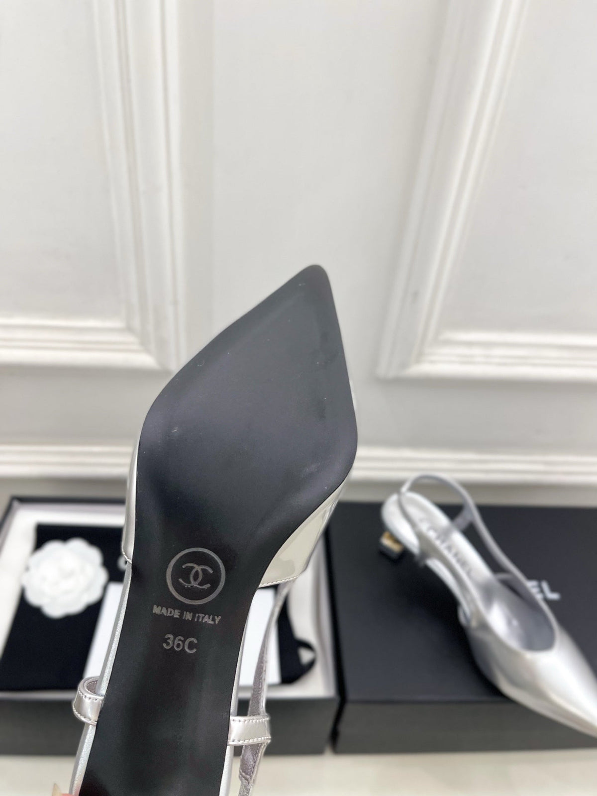 Chanel 26s Pointed Toe High Heels 55 Mm In Metallic Silver Lambskin