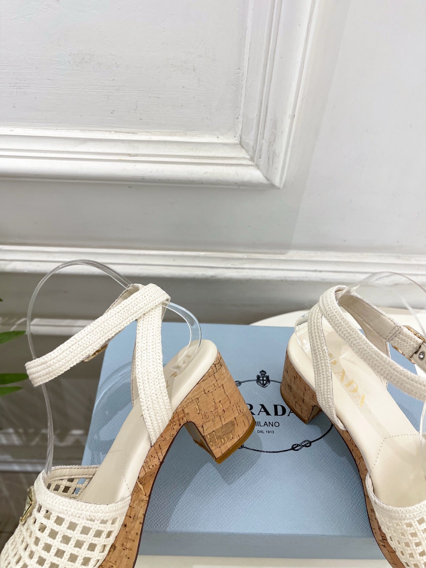 Prada Crochet Cork Platform Sandals 7cm White Crochet 947376