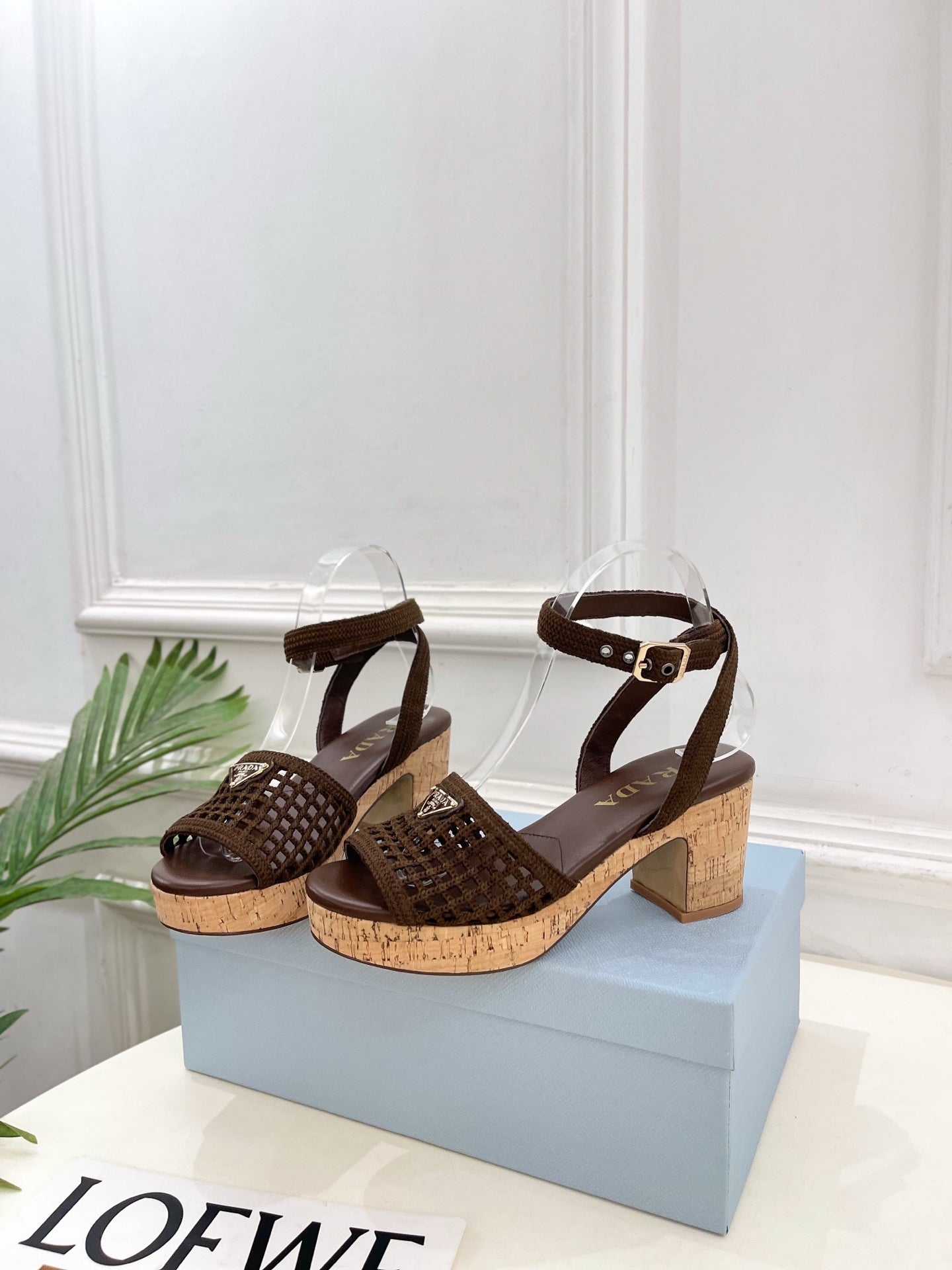 Prada Crochet Cork Platform Sandals 7cm Coffee Crochet 947378