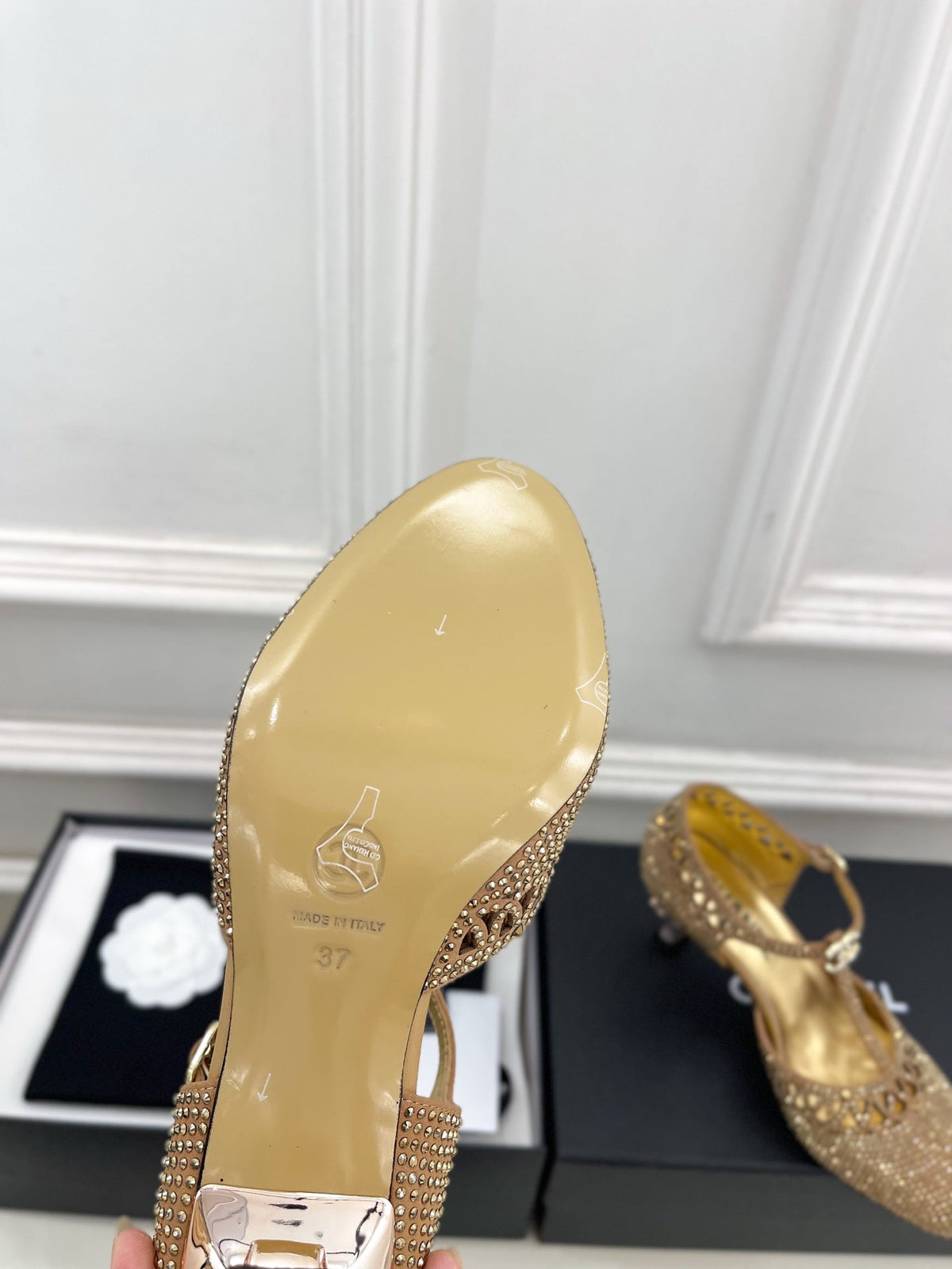 Chanel 26s High Heels 65 Mm In Gold With Crystal Embellishments