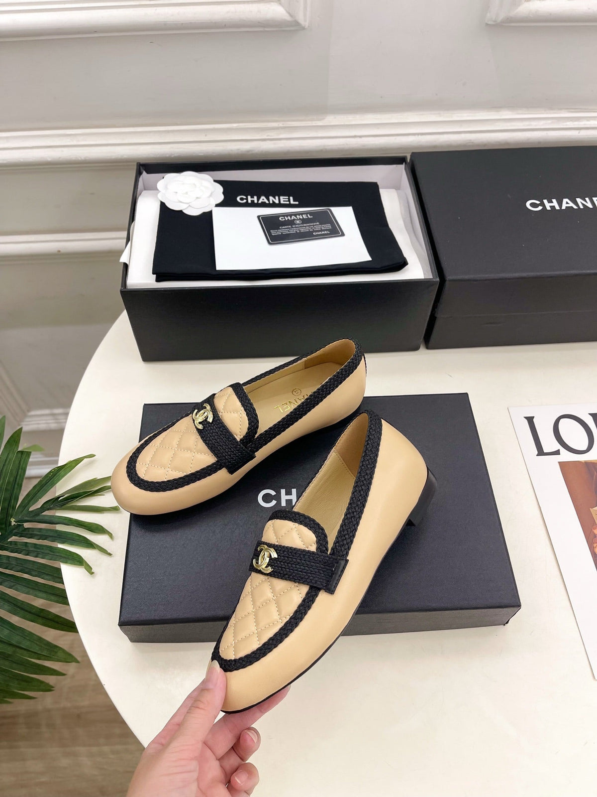 Chanel 26s Loafer Mules In Beige Lambskin And Black Fabric