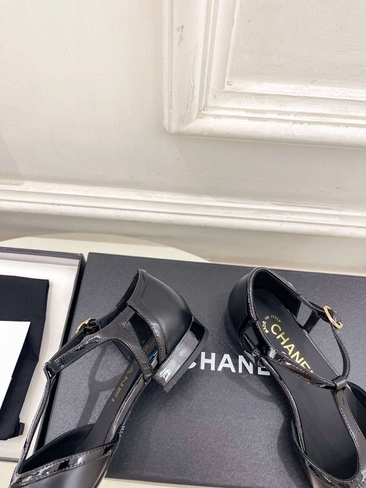 Chanel 26s T Strap Mary Janes In Black Patent And Lambskin
