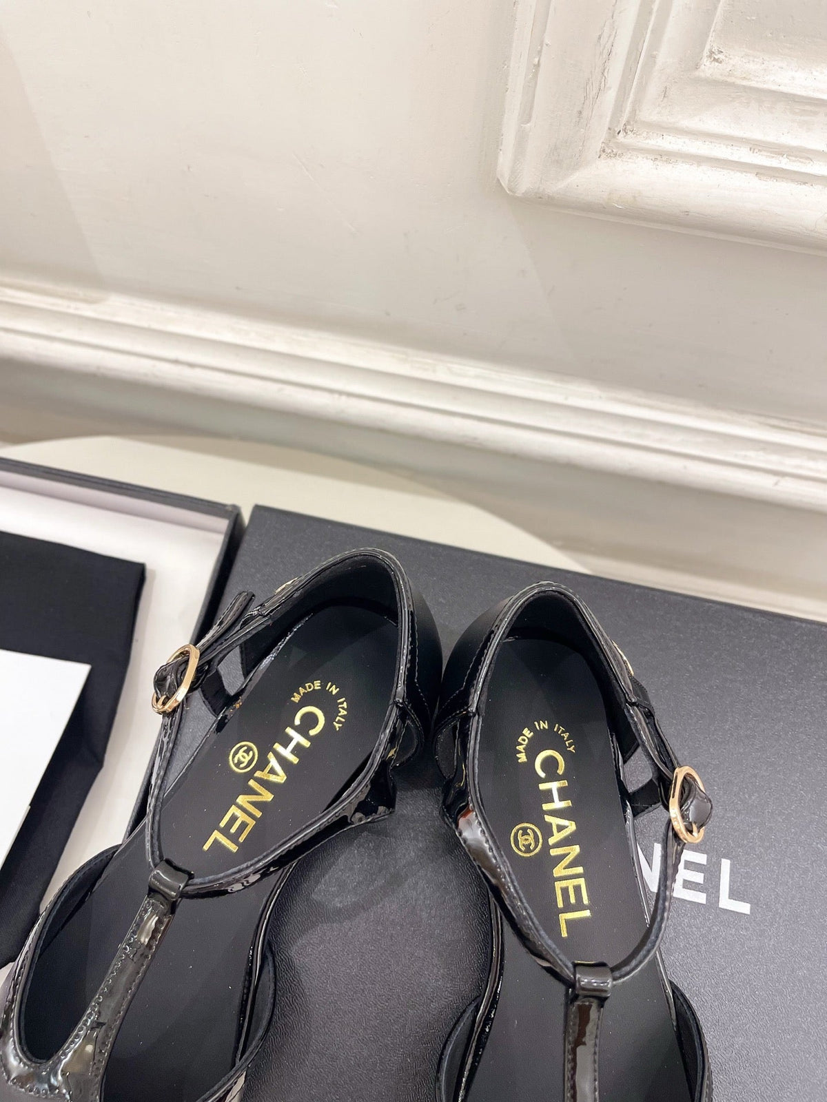 Chanel 26s T Strap Mary Janes In Black Patent And Lambskin