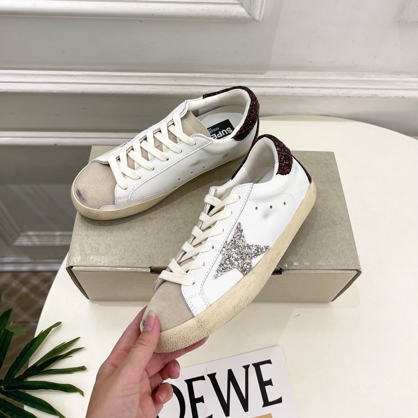 Golden Goose 26s Super-Star Light Taupe Star White Brown Glitter Leather 947745