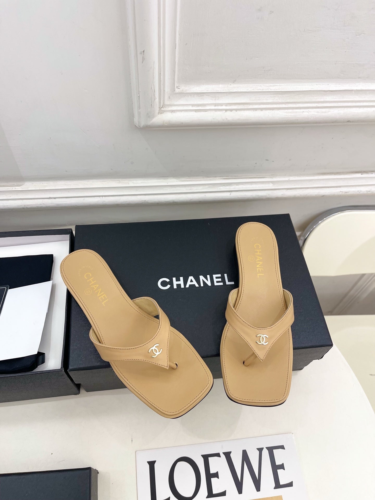 CC 26s Square Toe Thong Sandals Beige Leather 946868