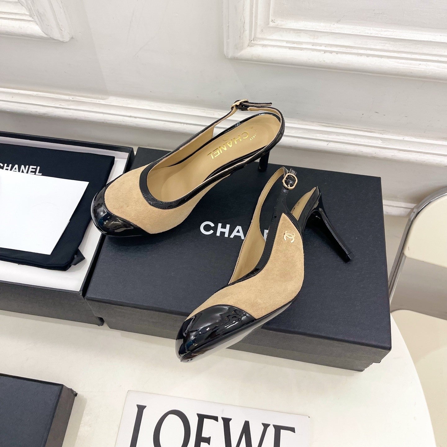 CC 26s Slingbacks Conic Heel 9cm Black Beige Suede Leather 946880