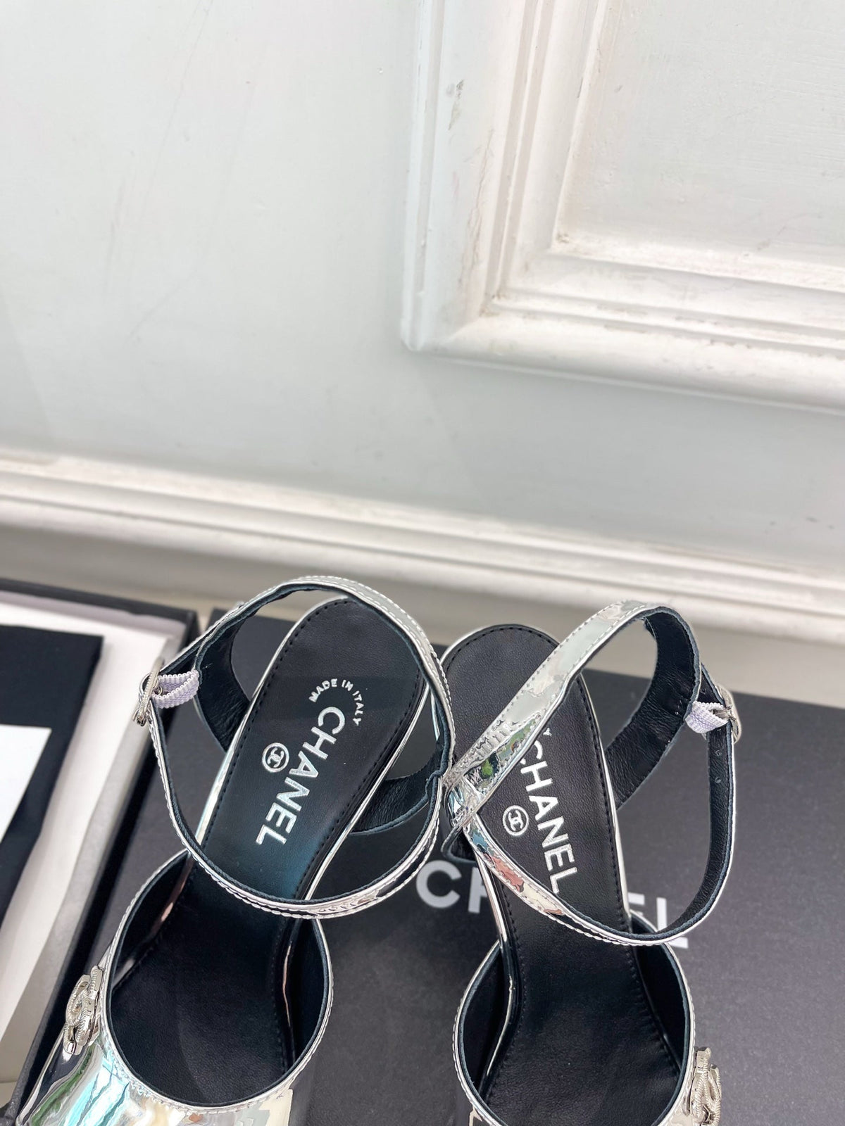 Chanel 26s High Heel Slingback Sandals 90 Mm In Silver Lambskin With Cc Logo
