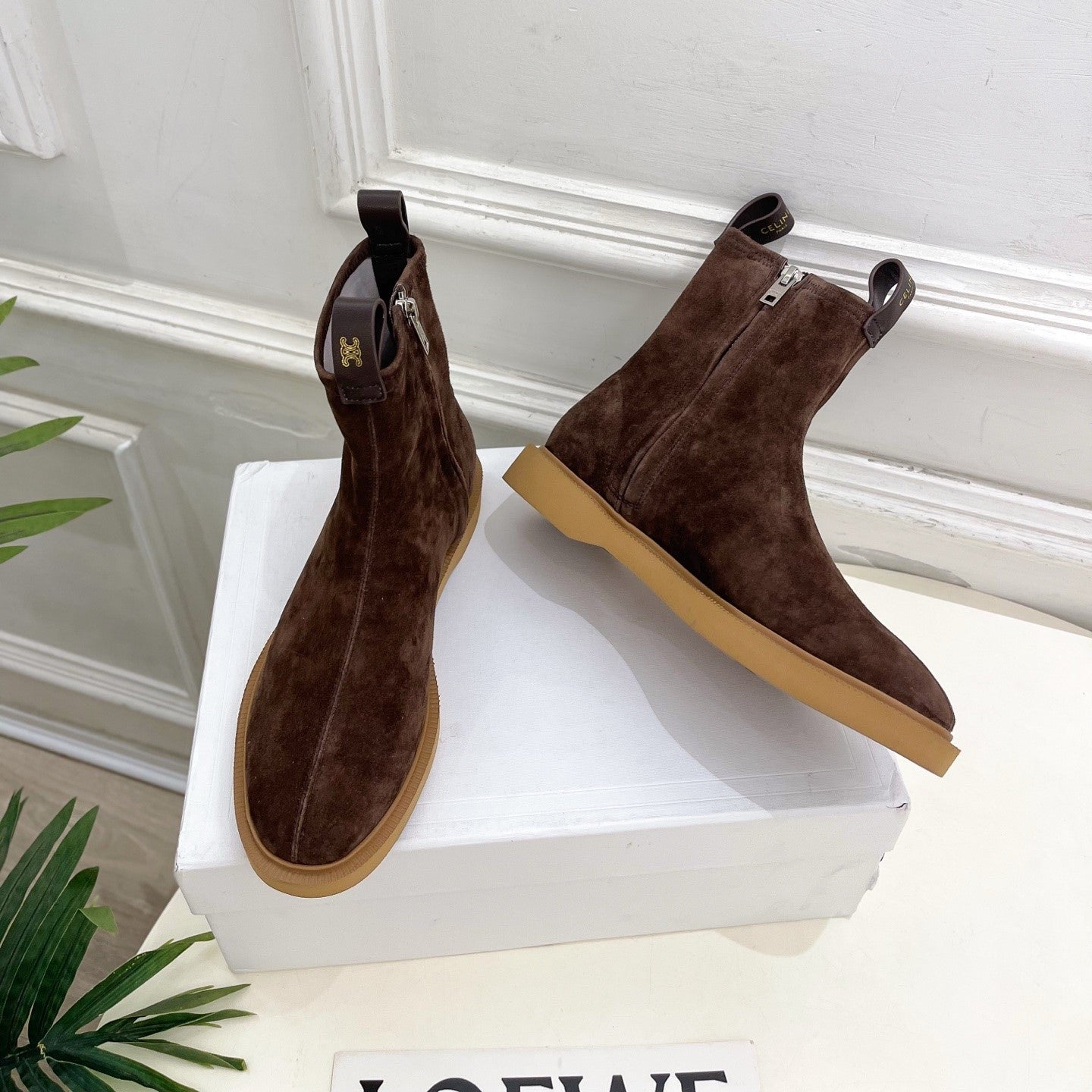 Celine 26s Flow Zipped Ankle Boots Coffee Suede 947591