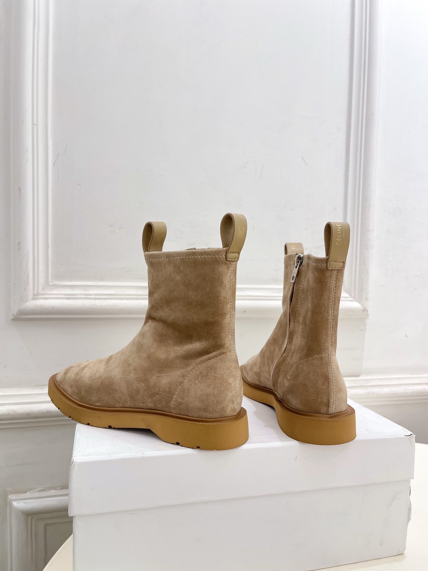 Celine 26s Flow Zipped Ankle Boots Khaki Suede 947591