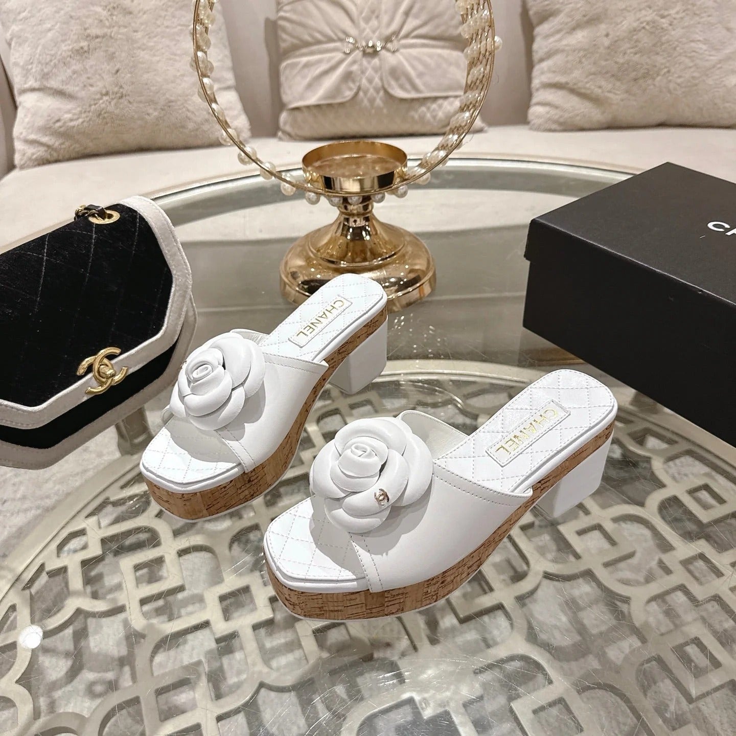CC 26s Camellia Platform Slippers 65 White Lambskin 627047