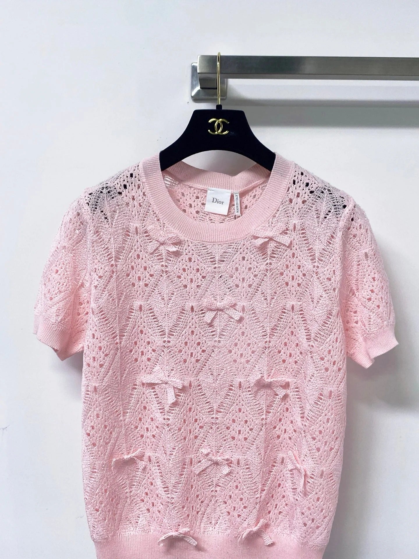 Dior 2026 Openwork Lace Knit Short-Sleeve Top Bow Details 479896