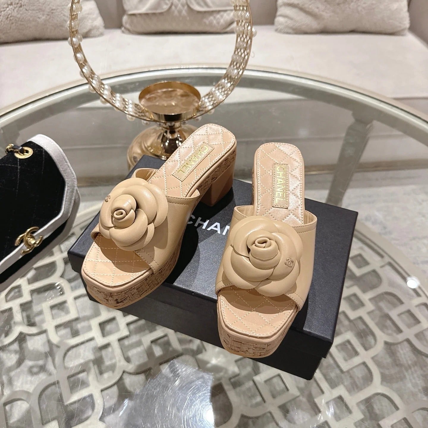 CC 26s Camellia Platform Slippers 65 Beige Lambskin 627049