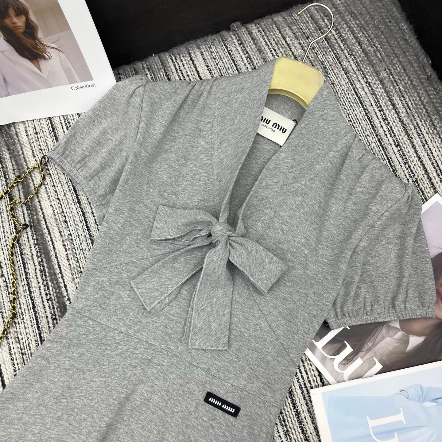 Miumiu 2026 Dress with a Bow Tie Gray Cotton