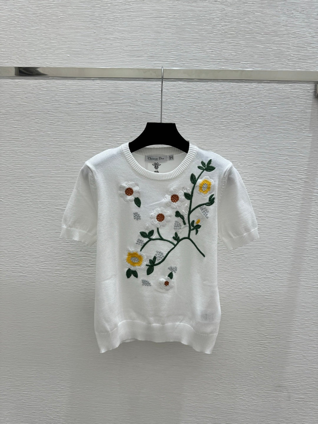 Dior 2026 Floral Crew Neck Knitted Short-Sleeve Top White and Pink Wool