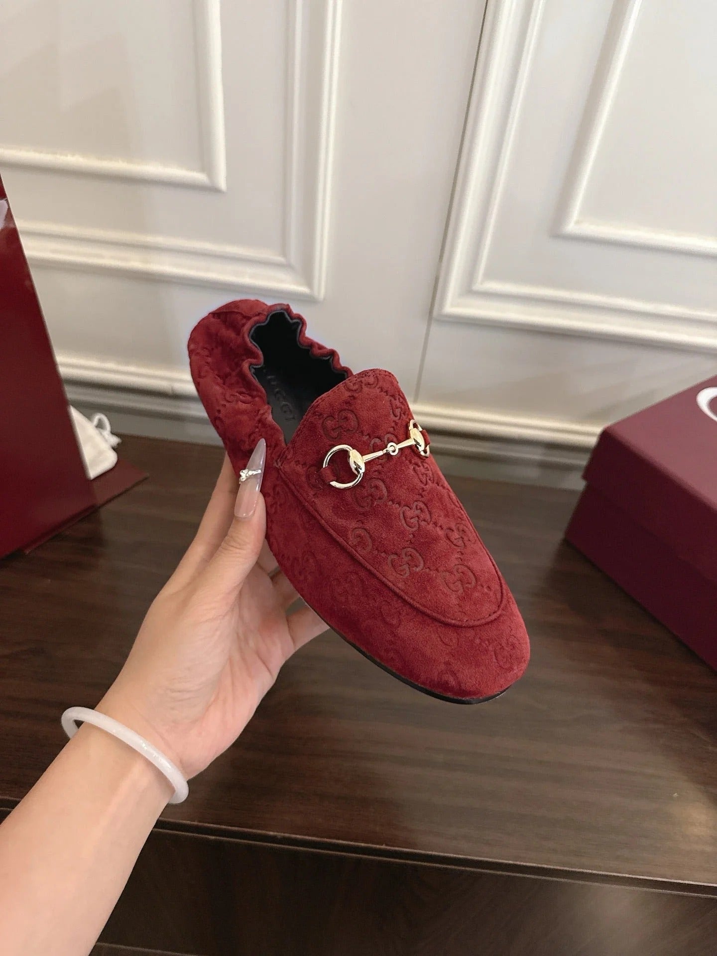 GG 26SS Loafers Burgundy Monogram Suede Leather 645957