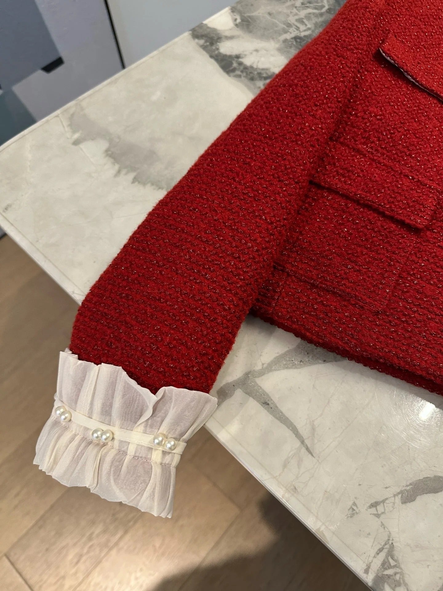 Chanel 2026 Ruffle Collar Jacket Red White Wool Tweed