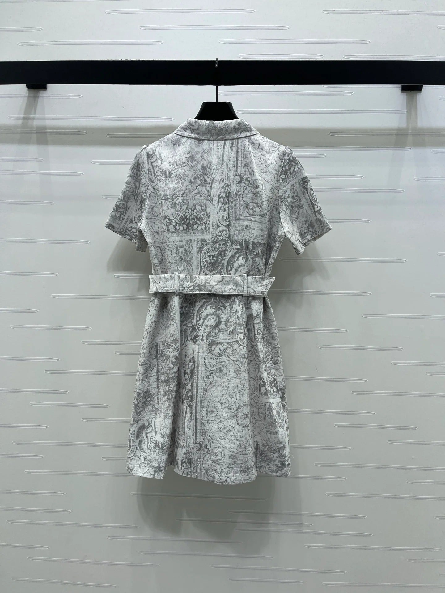 Dior 2026 Collared Print Denim Short-Sleeve Dress White Grey Polyester