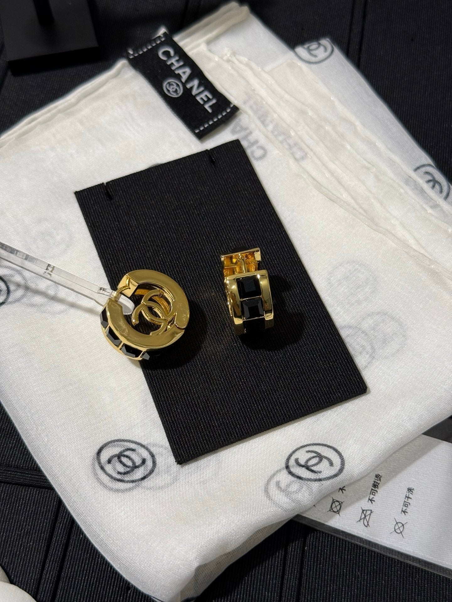 Chanel 2026 Black Square Diamond Gold Double C Hoop Earrings Stud Earrings