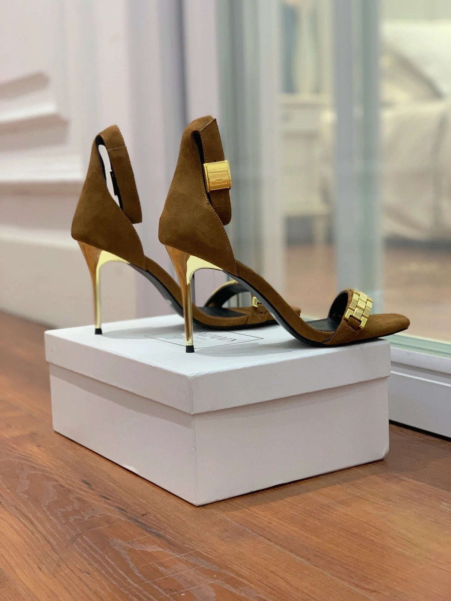BALMAIN 25S METAL STRAP HIGH HEELS 95MM IN BROWN SUEDE GOLD HARDWARE