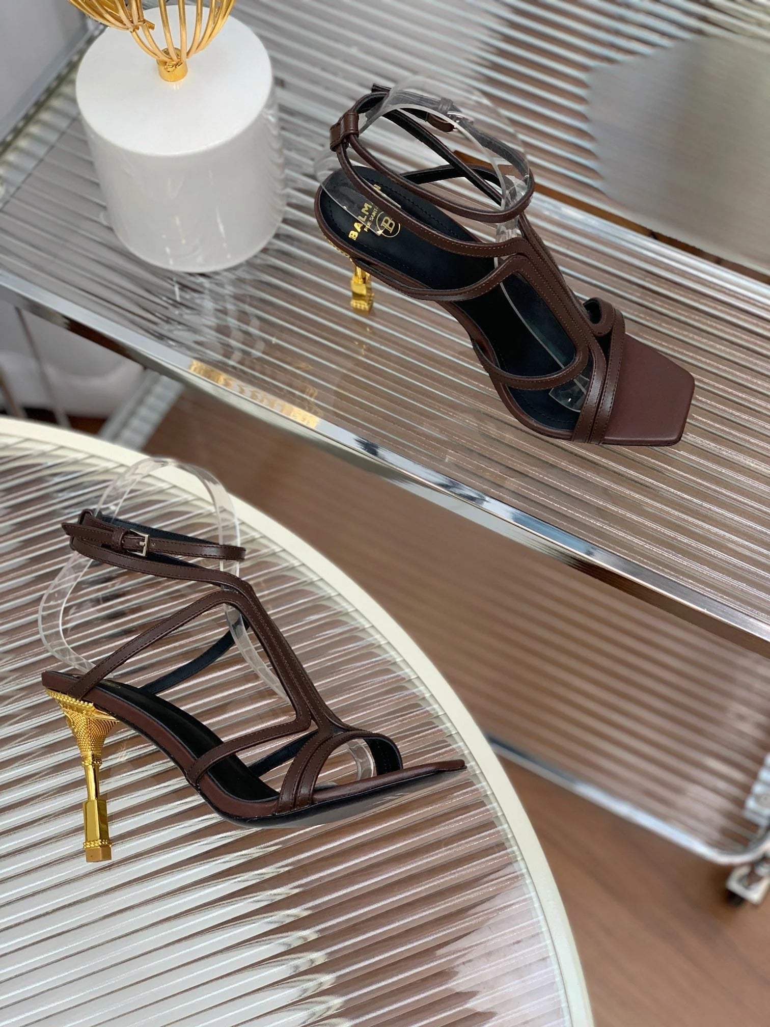 BALMAIN 25S MONETA SANDAL 95MM IN DARK BROWN CALFSKIN