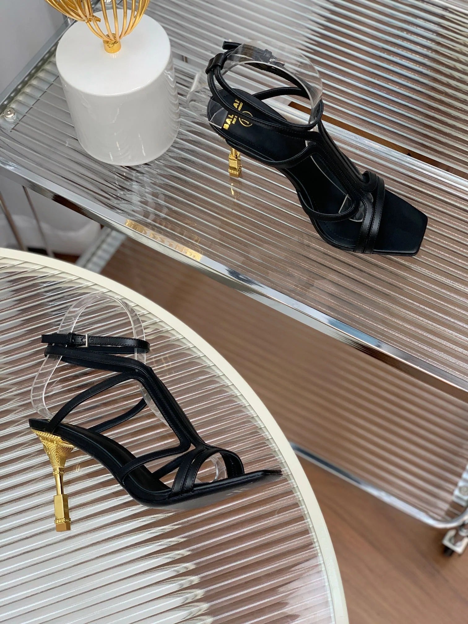 BALMAIN 25S MONETA SANDAL 95MM IN BLACK CALFSKIN