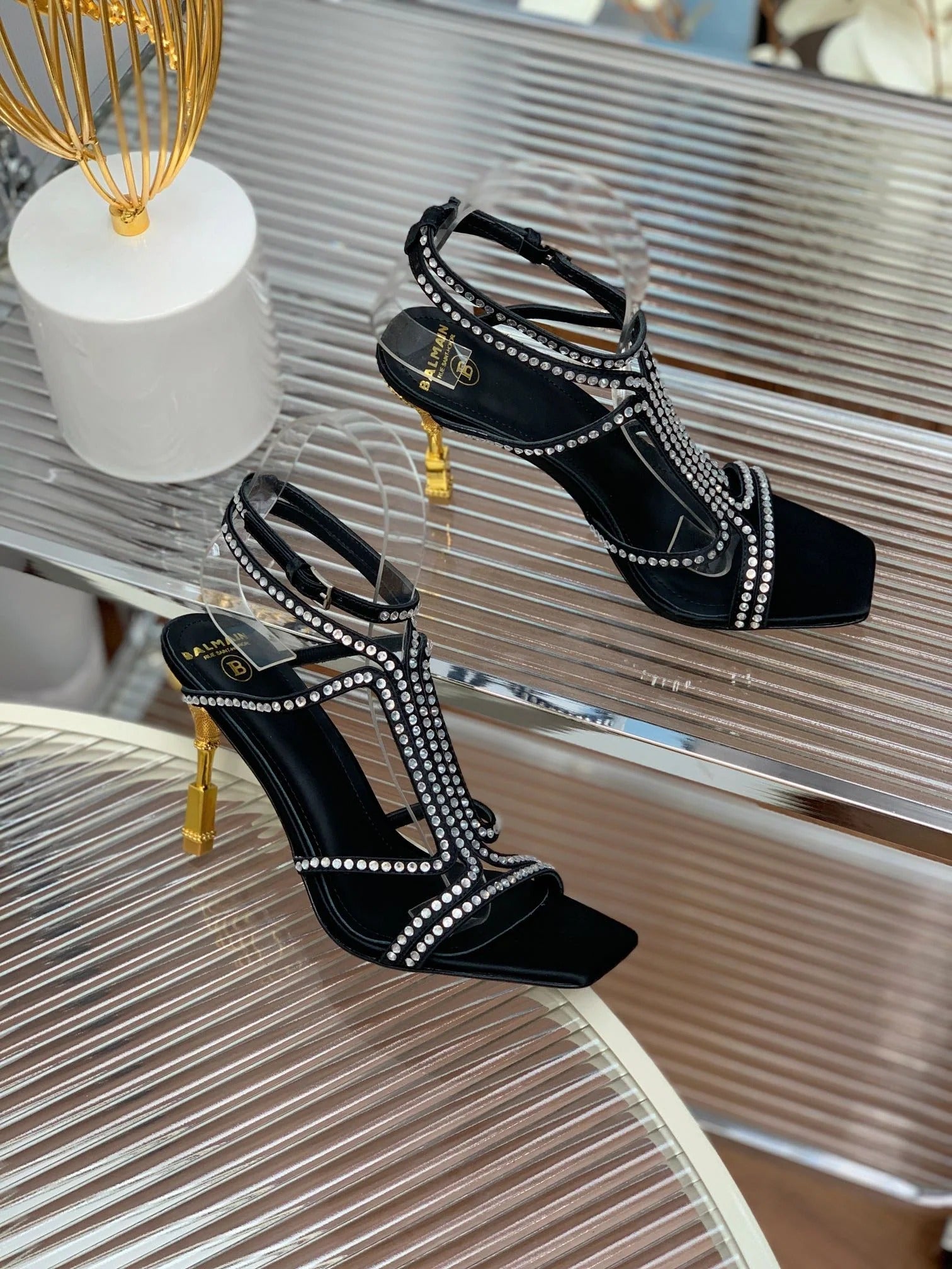 BALMAIN 25S MONETA SANDAL 95MM IN BLACK CALFSKIN WITH CRYSTAL