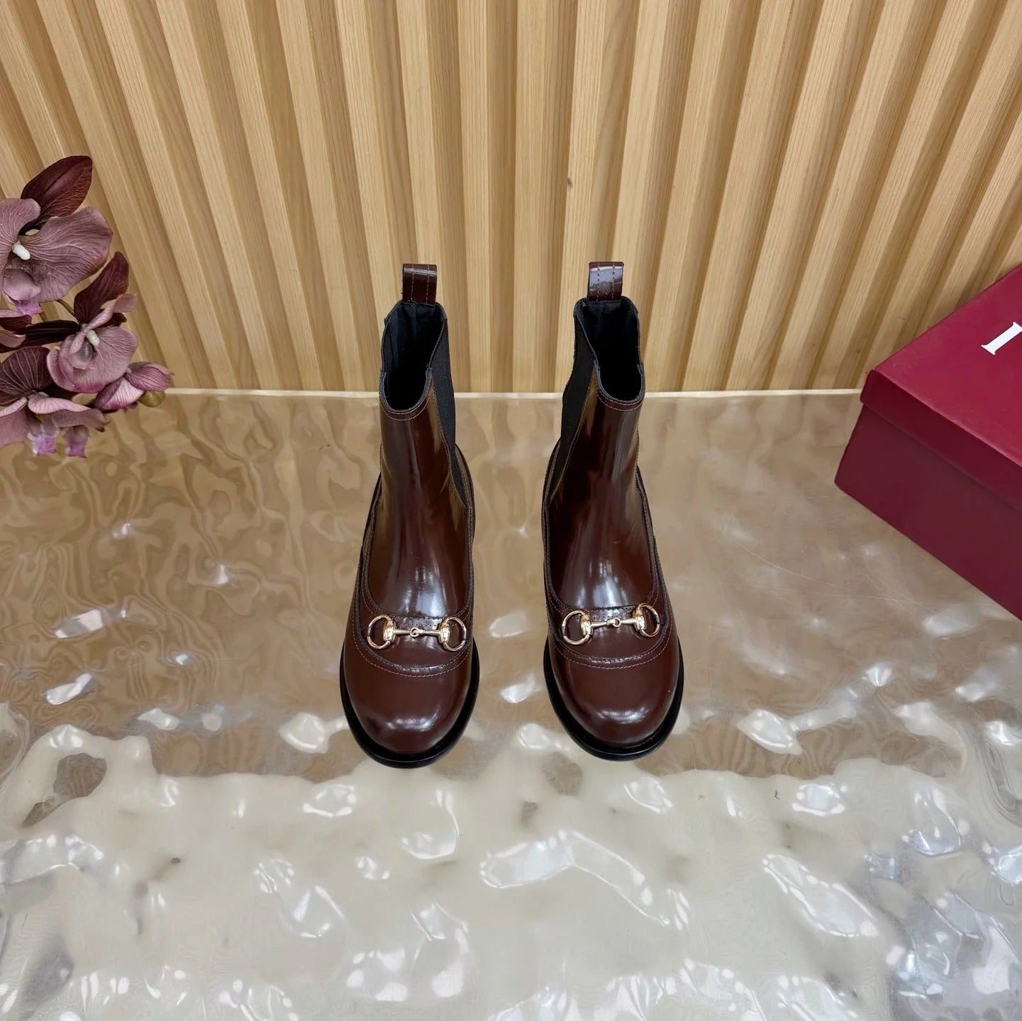 GG 26 Horsebit Martens Boots Glossy Brown Sheepskin 589467