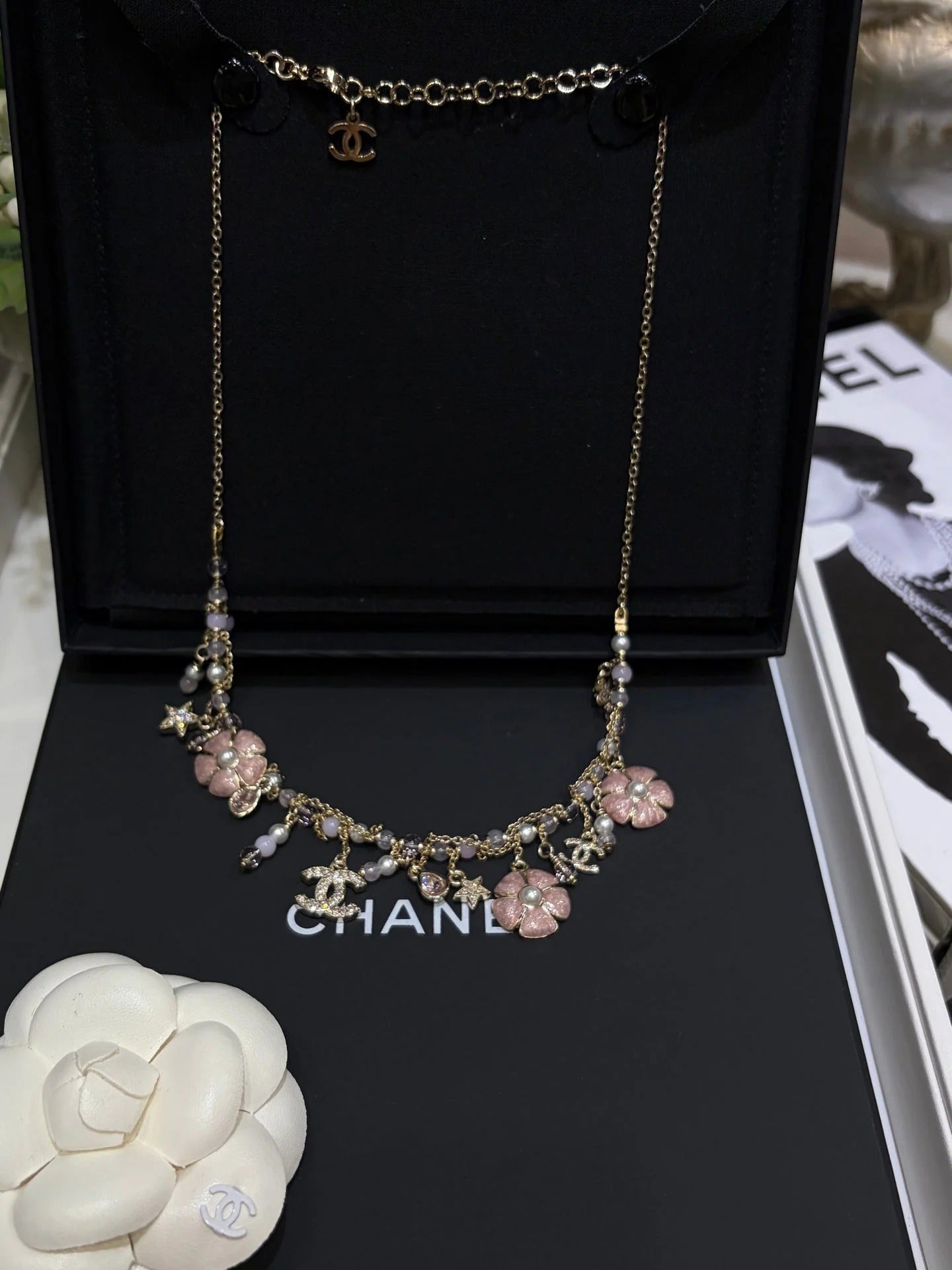 Chanel 2026 Light Gold Double C Pink Flower Pearl Tassel Necklace