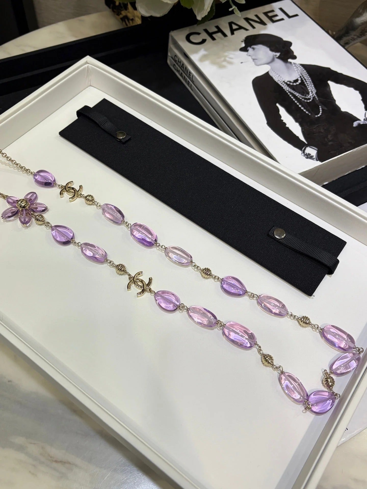 Chanel 2026 Double C Purple Floral Acrylic Beaded Necklace