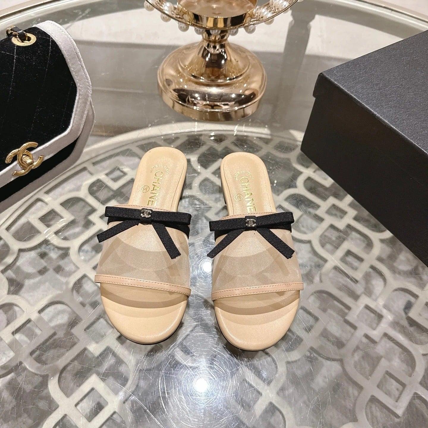 CC 26s Chunky Heel Sandals Beige Mesh Sheepskin 627068