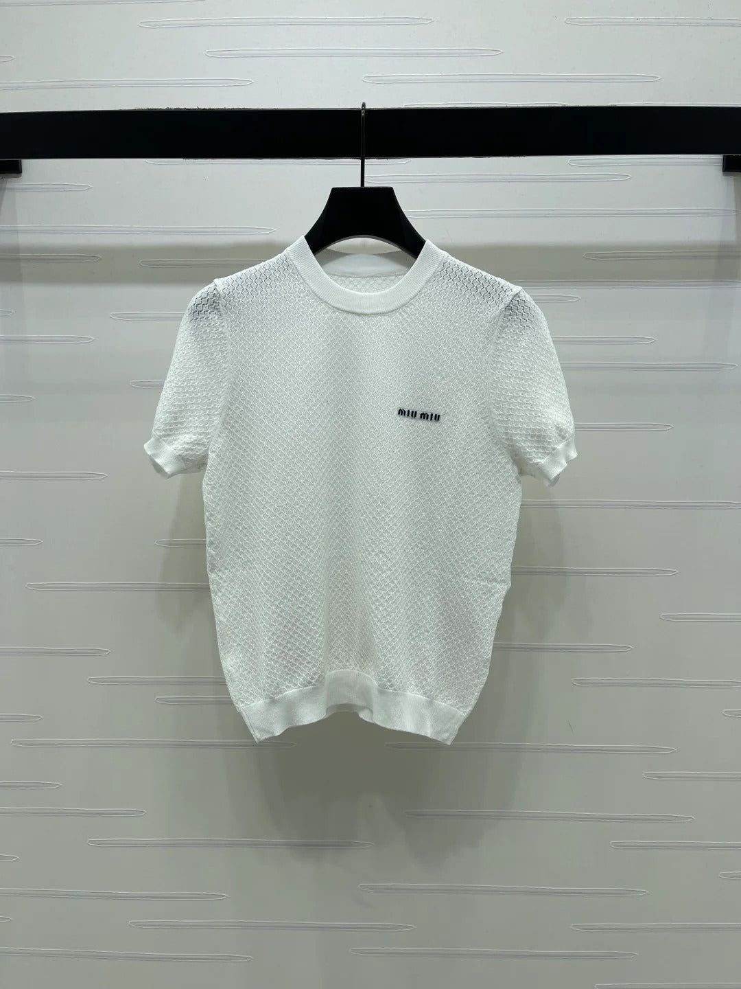 Miumiu 2026 Crew Neck Knit Short-Sleeve Shirt with Letter Logo Tencel