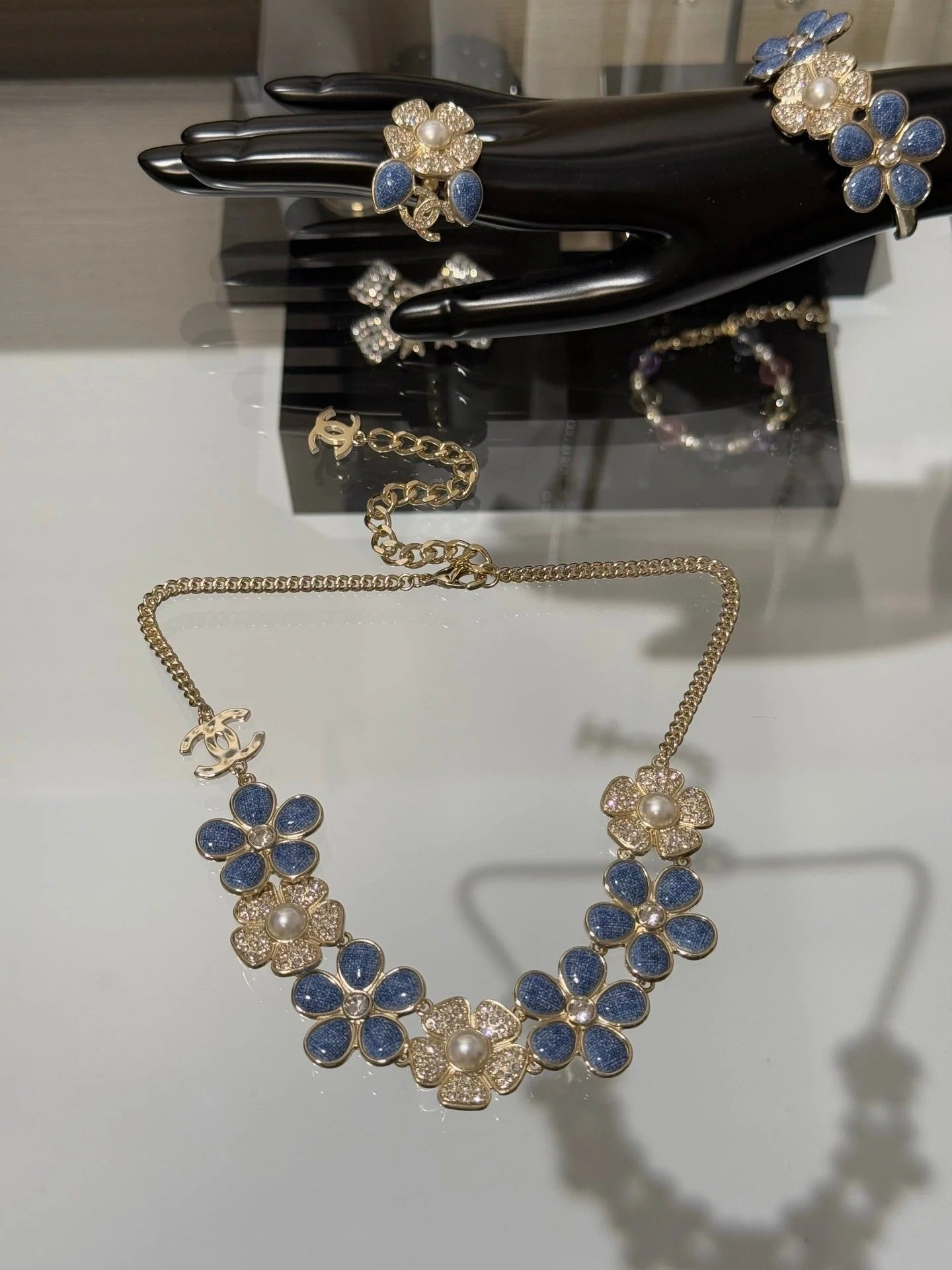 Chanel 2026 Denim Enamel Crystal Light Gold Double C Full Diamond Flower Pearl Necklace