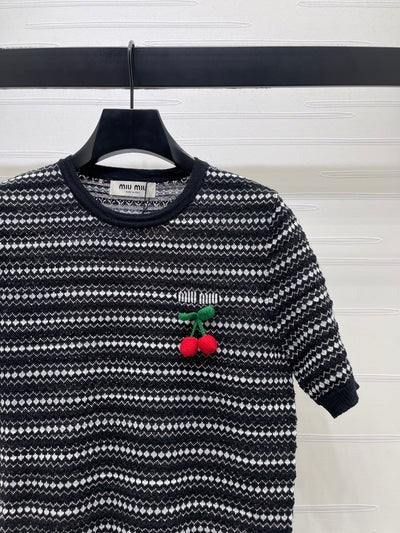 Miumiu 2026 Cherry-embroidered Knitted Shirt Tencel Nylon