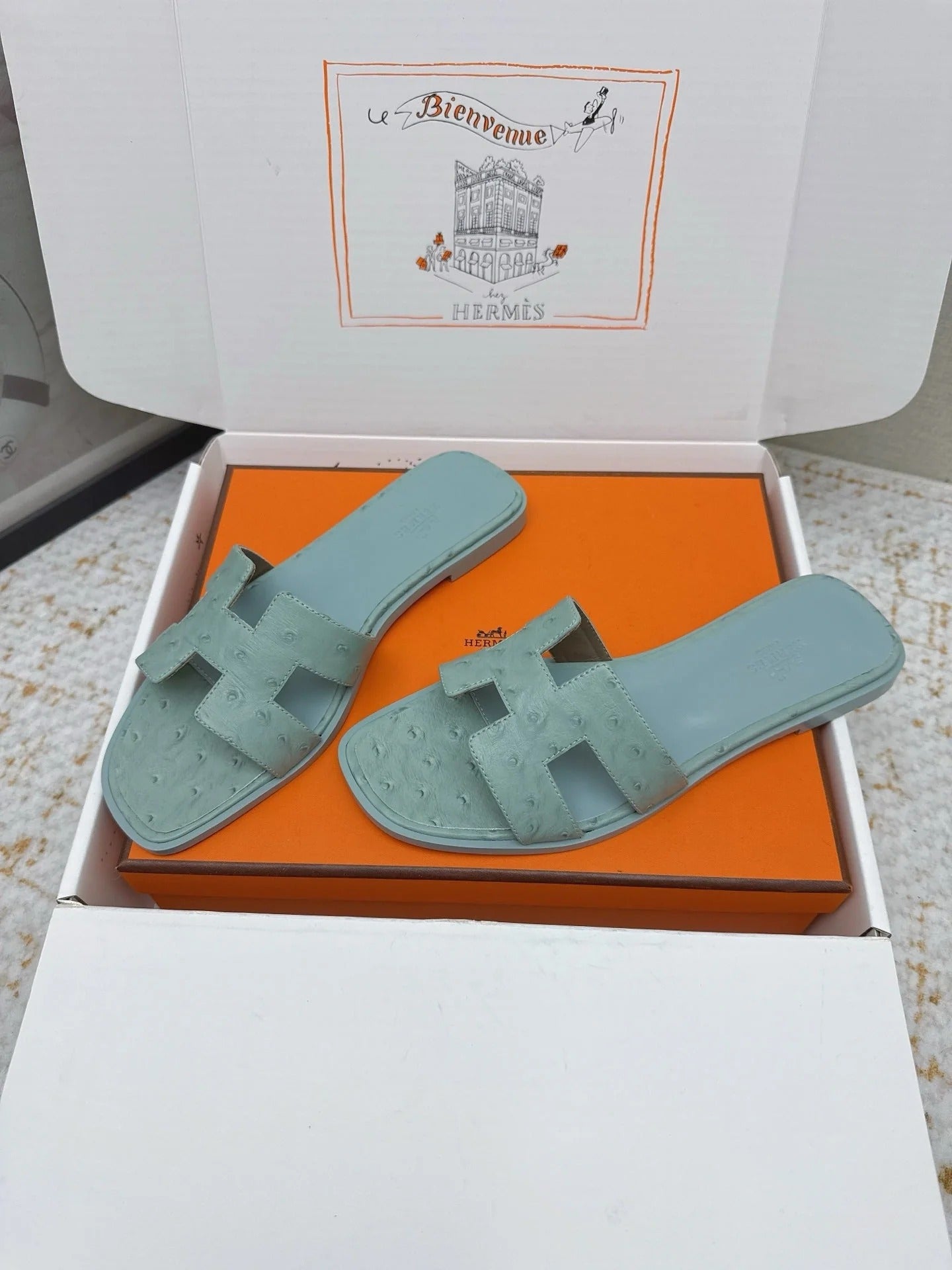 HM 26ss Oran Sandals Sage Green Ostrich Leather 625101