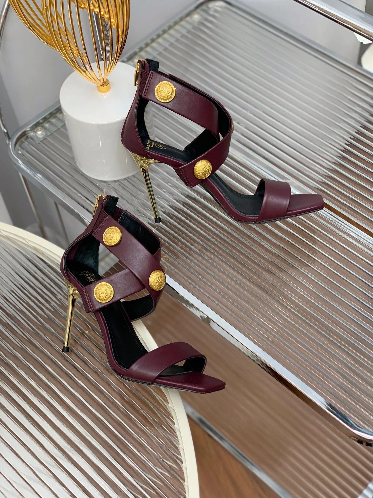 BALMAIN 25S CROSSOVER STRAP HIGH HEELS 95MM IN ROSEWOOD CALFSKIN