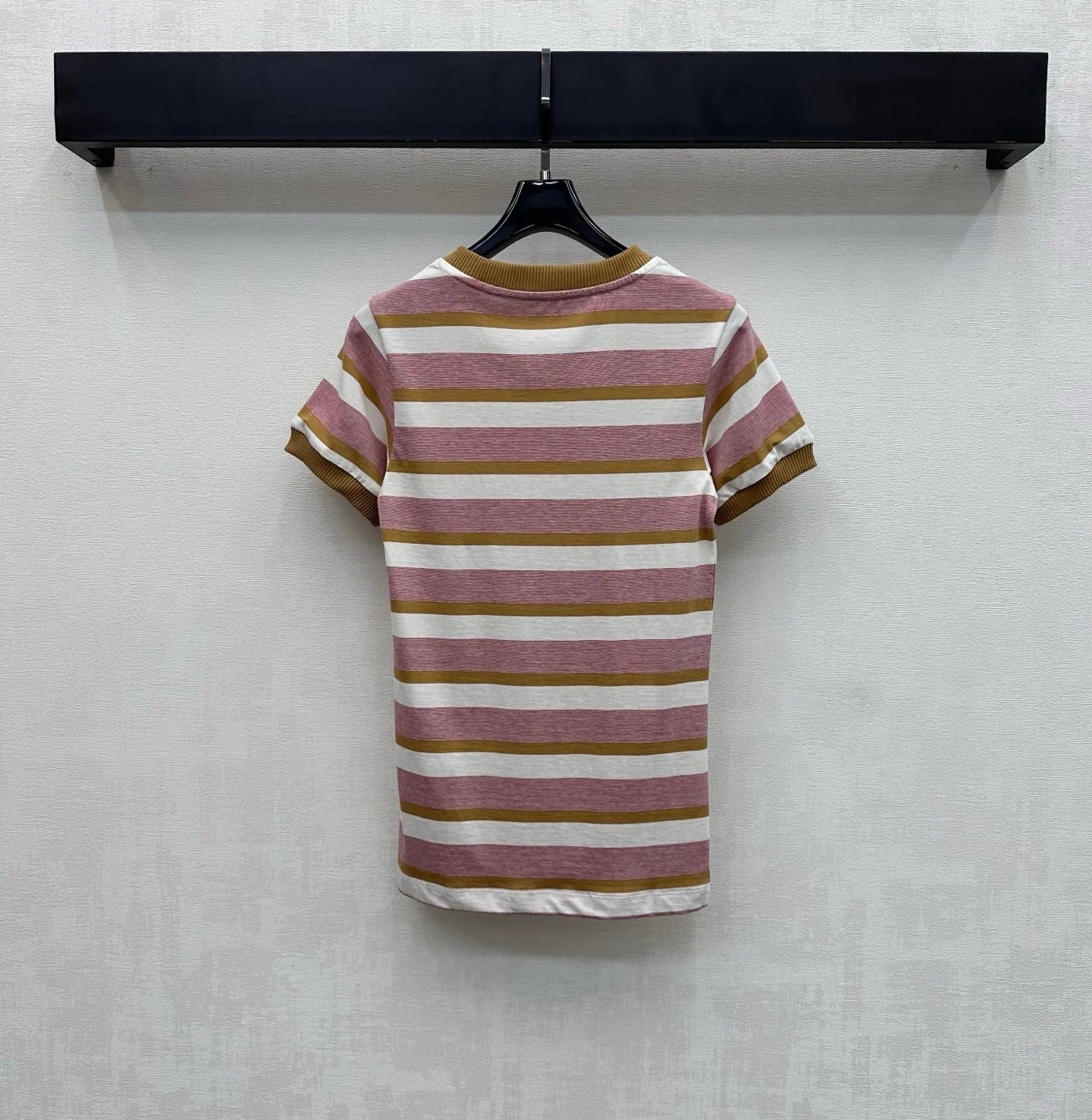 Prada 2026 Bayadere Stripe Short-Sleeve T-Shirt Pink Brown White Cotton