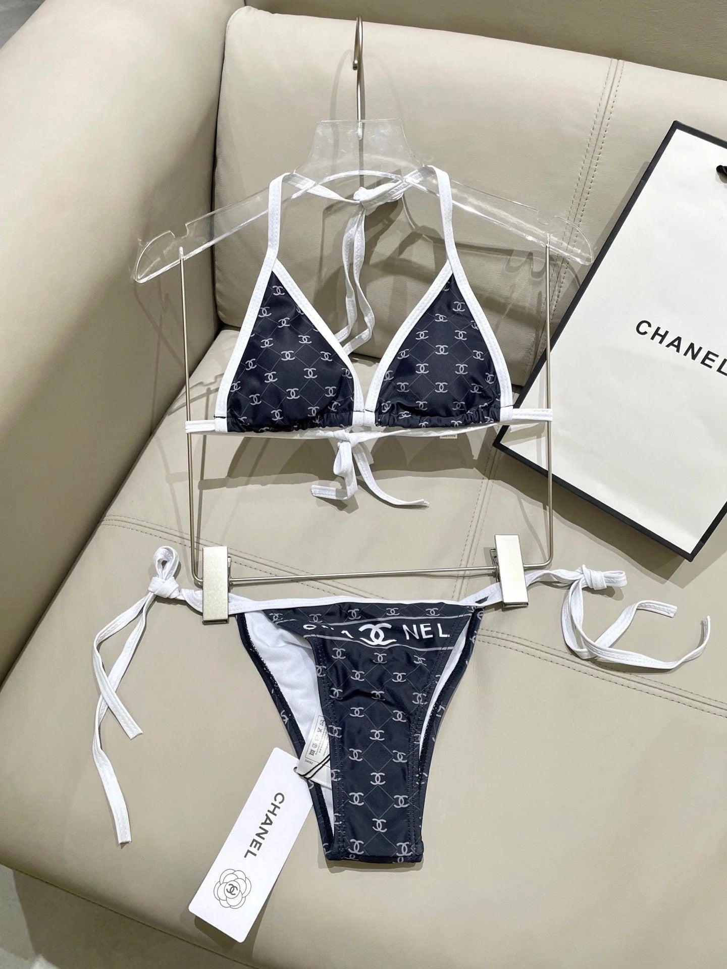 CC BIKINI SWIMSUIT SET IN BLACK AND WHITE TRIM WHITE LOGO PRINTED 608921