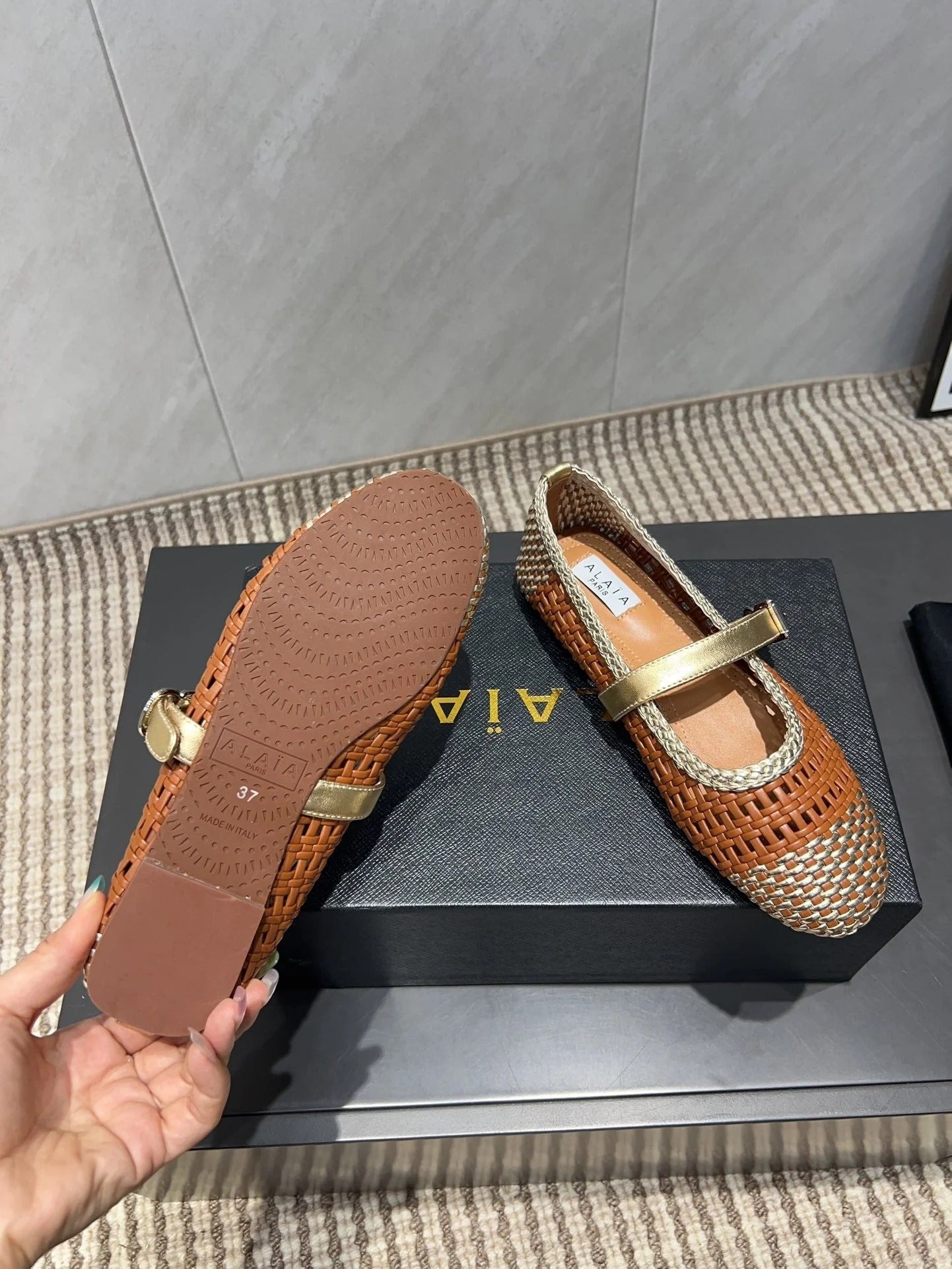 Alaia Mary Jane Flats Woven Pattern 25s In Brown Calfskin
