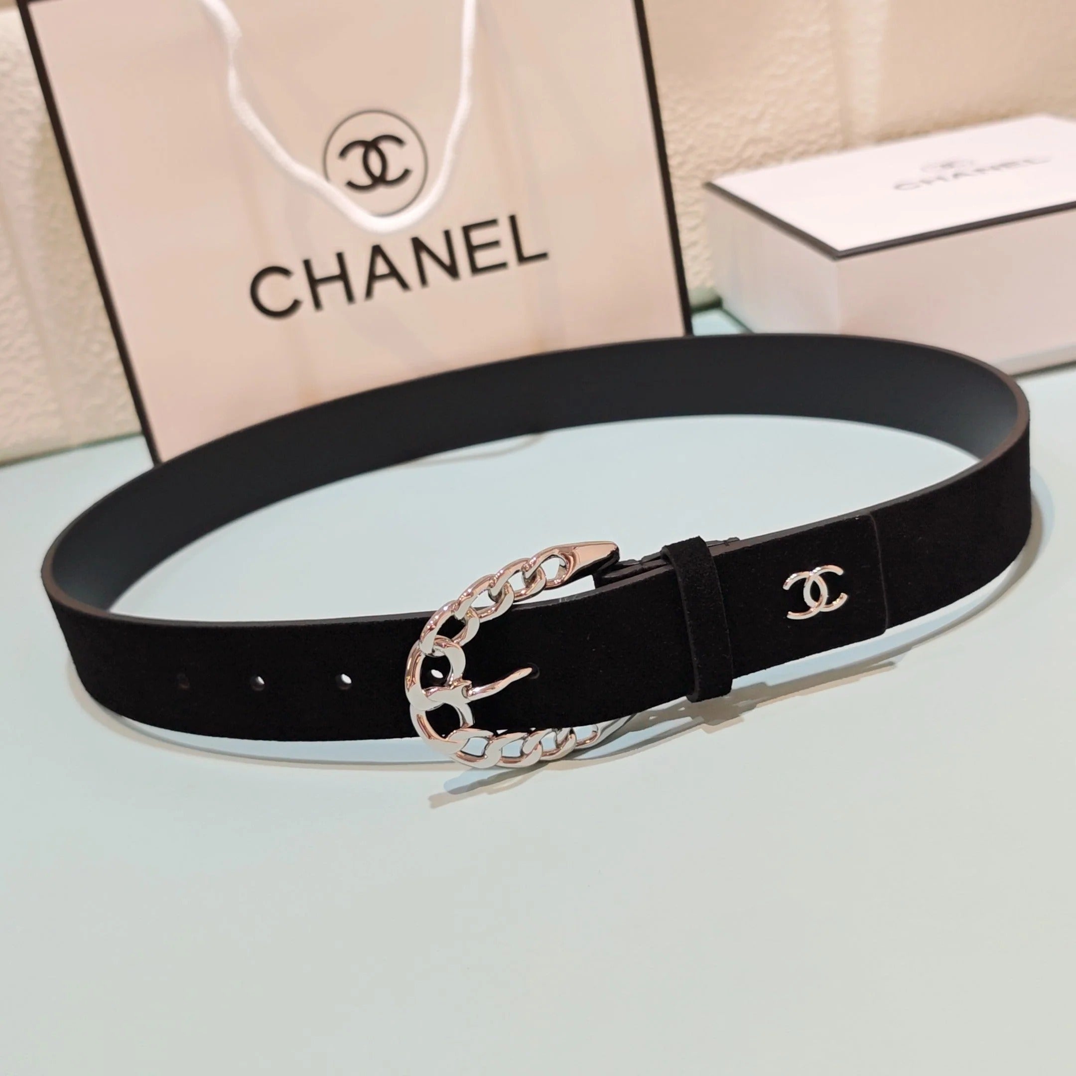 CC Belt 3.0CM Black Suede Sliver Buckle 198420
